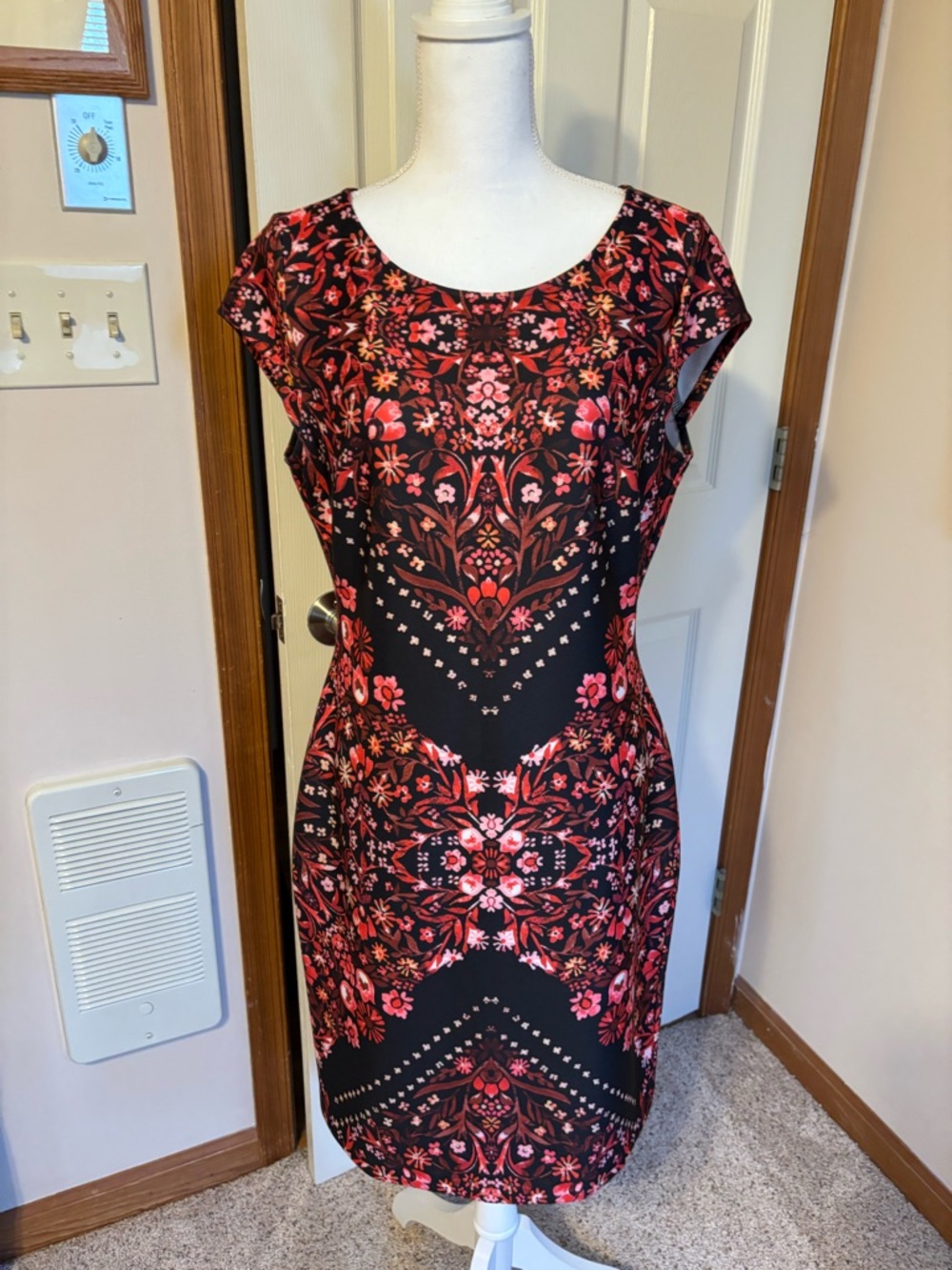 New York & Company Black Dress with Red Floral Print